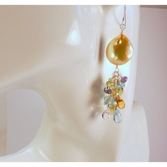 Pearl Aquamarine-Tanzanite-Yellow Quartz-Rock Quartz Sterling Beaded Earrings - Picture 3 of 7